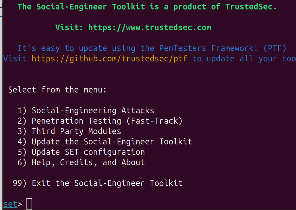 Social engineering toolkit menu