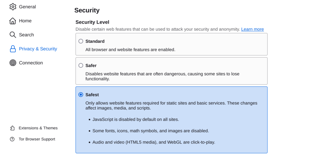 tor privacy settings